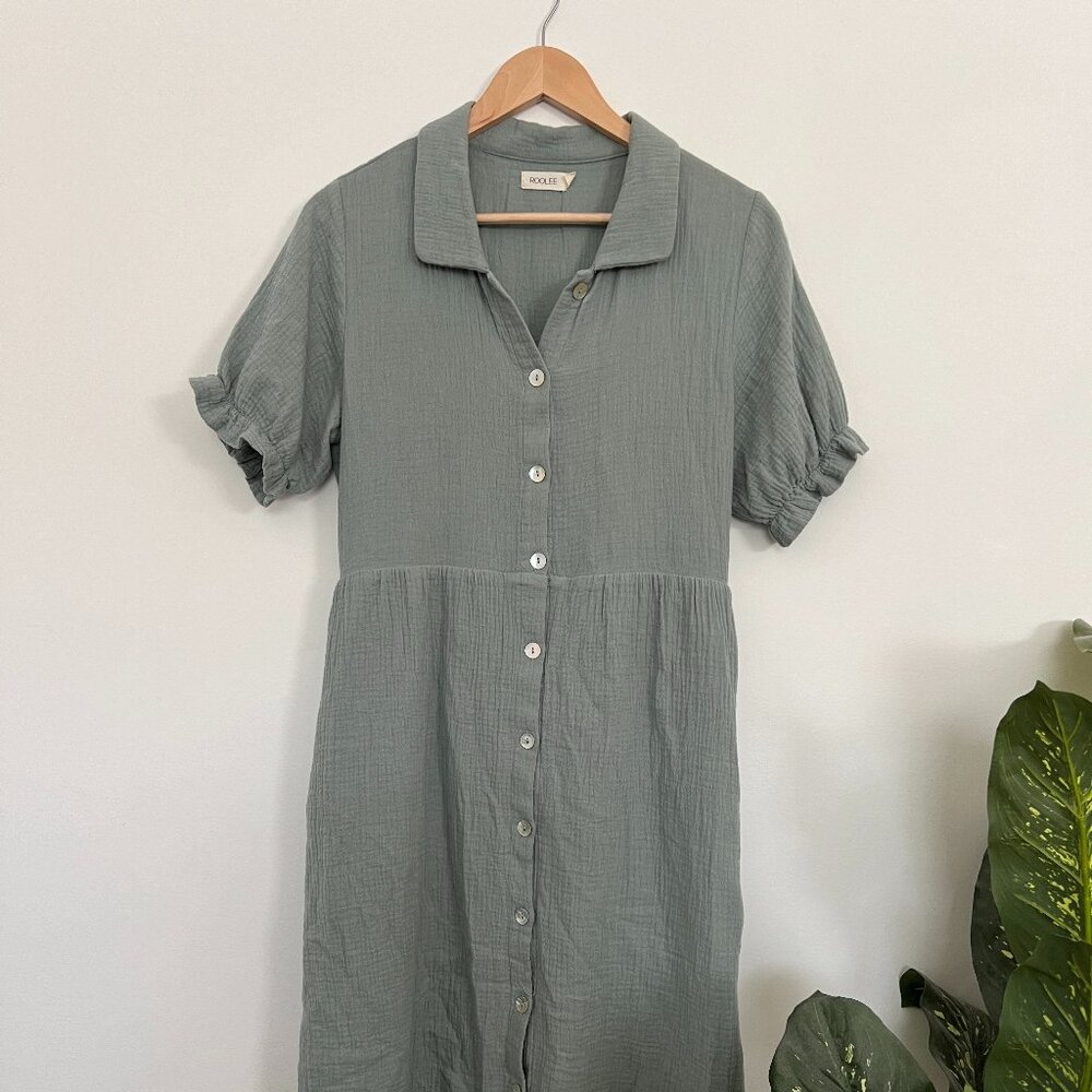 Roolee Sage Cotton Gauze Midi Dress with Functional Buttons & Collar - size S